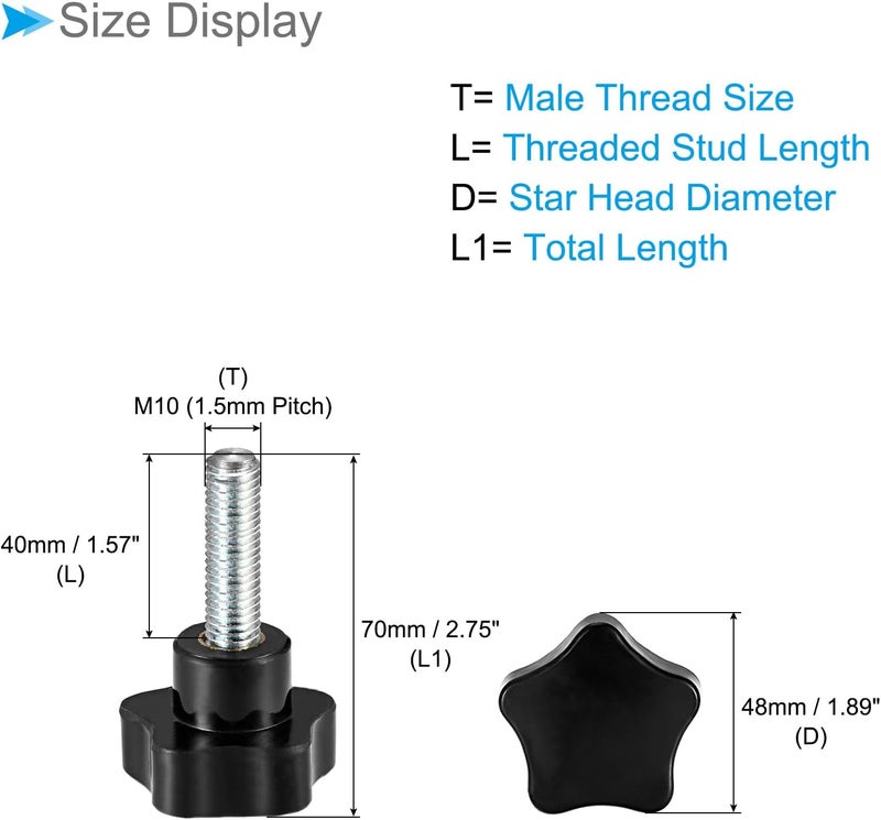 CoCud Star Clamping Knobs, M10 x 40mm Male Thread 48mm Head, Plastic Thumb Screw Grip Hand Knobs Threaded Bolt Black - (Applications: for Lathe Machinery), 2-Pieces - Image 2